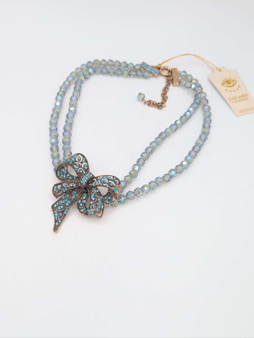 EyeCandy Los Angeles Crystal Bow Blue Statement Necklace NEW - Picture 4 of 10